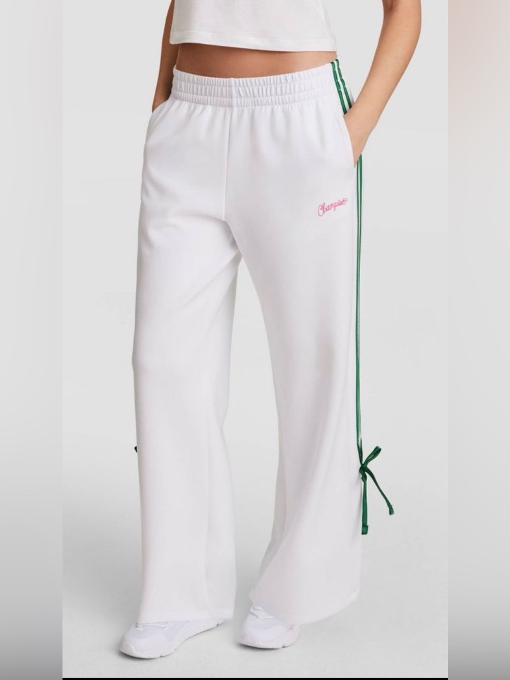 Champion White Track Pants with Green Stripe and Pink Logo sz Medium